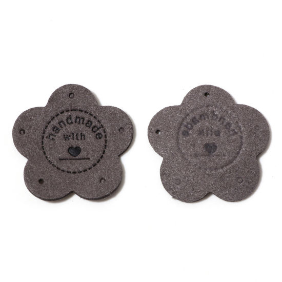 Picture of PU Leather Label Tags Flower Dark Gray " Handmade " 3.5cm x 3.5cm , 10 PCs