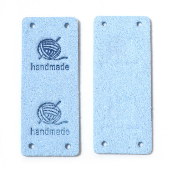 Picture of PU Leather Label Tags Rectangle Skyblue " Handmade " 5cm x 2cm , 10 PCs