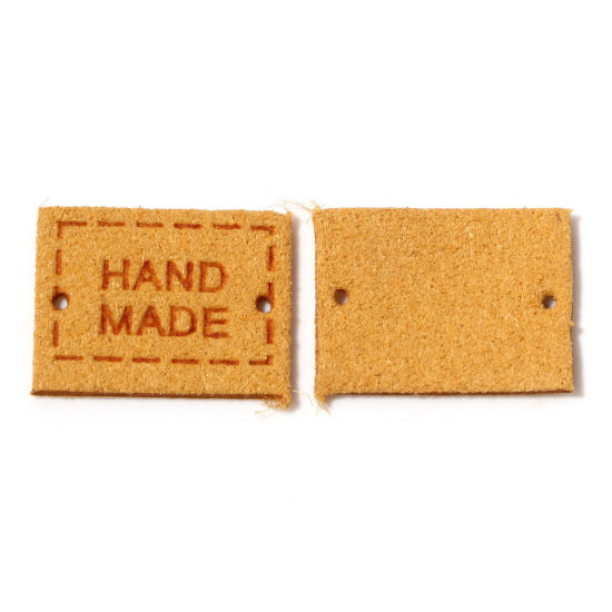 Picture of PU Leather Label Tags Rectangle Yellow " Handmade " 20mm x 15mm , 20 PCs