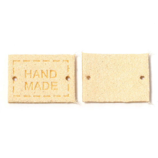 Picture of PU Leather Label Tags Rectangle Beige " Handmade " 20mm x 15mm , 20 PCs
