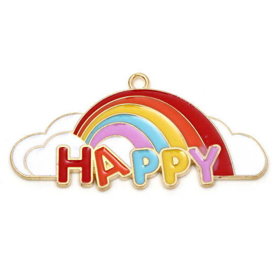 Immagine di Lega di Zinco Tempo Collezione Ciondoli Arcobaleno Oro Placcato Multicolore Nuvole Lettere " Happy " Smalto 4.8cm x 2.3cm , 10 Pz