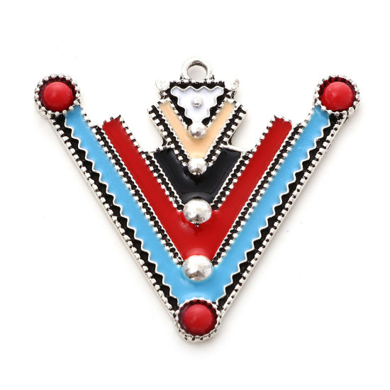 Bild von Zinklegierung Ethnisch Anhänger Pfeilspitze Antiksilber Bunt Streifen Emaille 4.2cm x 3.9cm, 5 Stück