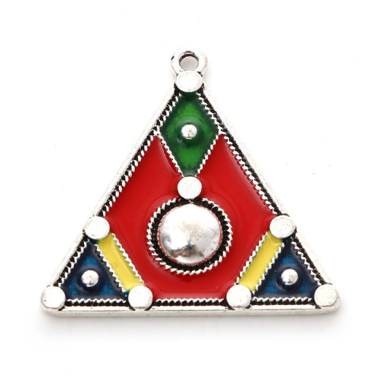 Bild von Zinklegierung Ethnisch Anhänger Dreieck Antiksilber Bunt Emaille 3.5cm x 3.4cm, 5 Stück