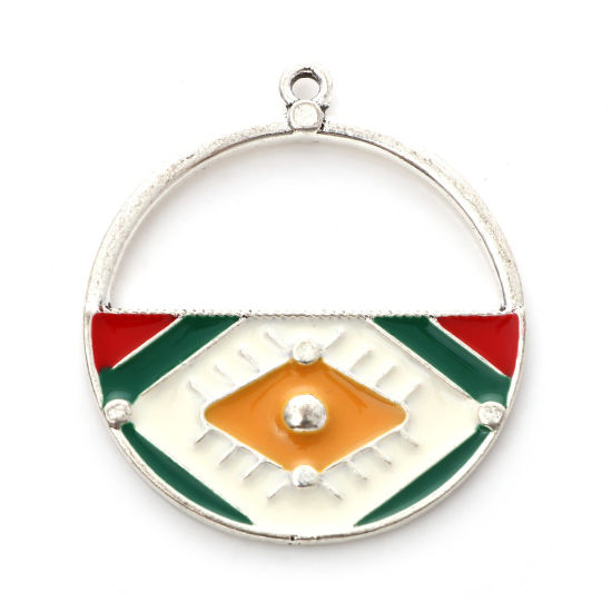 Bild von Zinklegierung Ethnisch Anhänger Rund Antiksilber Bunt Auge Emaille 3.9cm x 3.4cm, 5 Stück