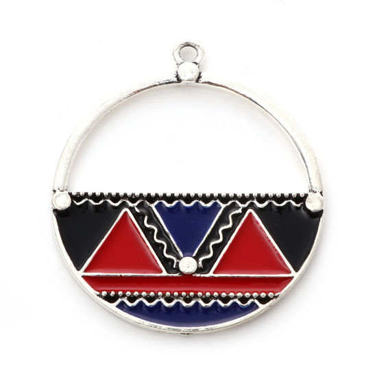 Bild von Zinklegierung Ethnisch Anhänger Rund Antiksilber Bunt Dreieck Emaille 3.9cm x 3.4cm, 5 Stück