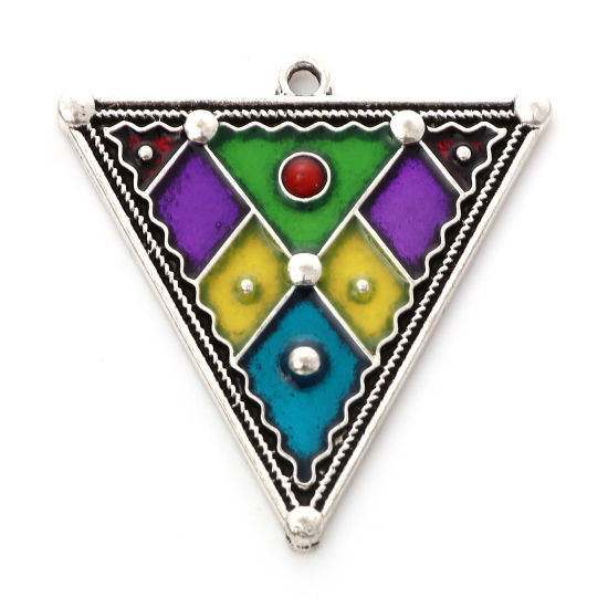 Bild von Zinklegierung Ethnisch Anhänger Dreieck Antiksilber Bunt Emaille 3.9cm x 3.8cm, 5 Stück