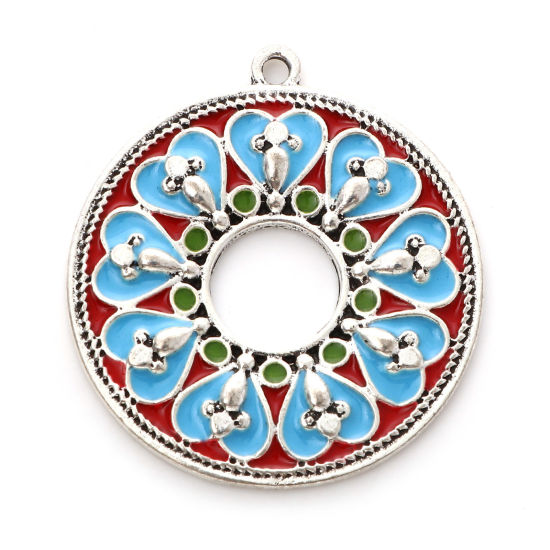 Bild von Zinklegierung Ethnisch Anhänger Rund Antiksilber Bunt Herz Emaille 3.8cm x 3.4cm, 5 Stück