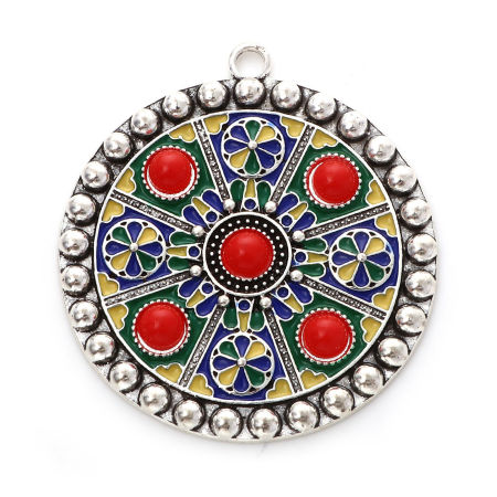 Picture of Zinc Based Alloy Ethnic Pendants Antique Silver Color Multicolor Round Disc Flower Enamel 5.4cm x 4.9cm, 2 PCs