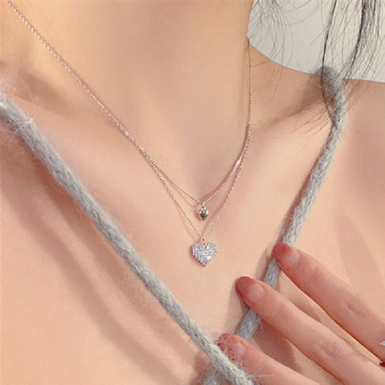 Picture of Brass Ins Style Multilayer Layered Necklace Heart Silver Plated Clear Rhinestone 39cm - 42cm long, 1 Piece                                                                                                                                                    