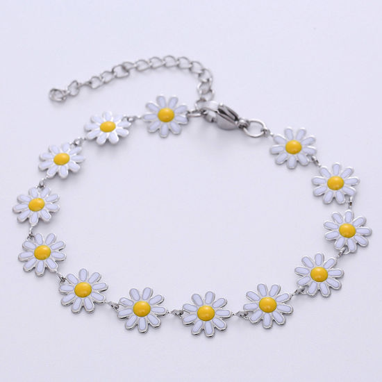 Imagen de 304 Acero Inoxidable Elegante Pulseras Tono de Plata Blanco Flor Esmalte 18cm longitud, 1 Unidad