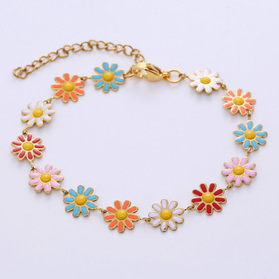 Imagen de 304 Acero Inoxidable Elegante Pulseras Chapado en Oro Multicolor Flor Esmalte 18cm longitud, 1 Unidad