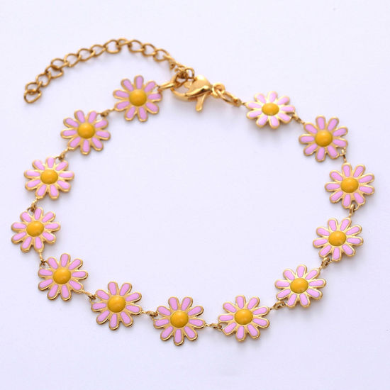 Imagen de 304 Acero Inoxidable Elegante Pulseras Chapado en Oro Color rosa Flor Esmalte 18cm longitud, 1 Unidad
