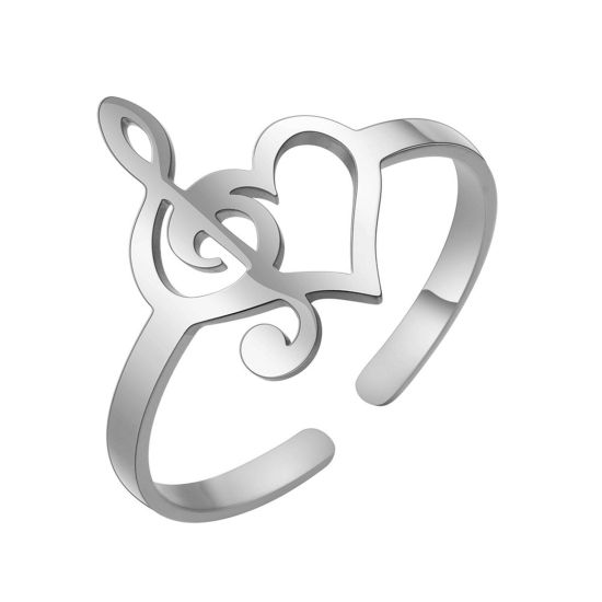 Picture of Titanium Steel Stylish Open Adjustable Rings Silver Tone Heart Musical Note Hollow 17.3mm(US Size 7), 1 Piece