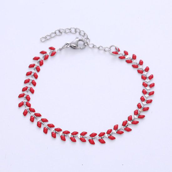 Imagen de 304 Acero Inoxidable Elegante Cadenas Pulseras Tono de Plata Rojo Punta de Flecha Esmalte 18cm longitud, 1 Unidad
