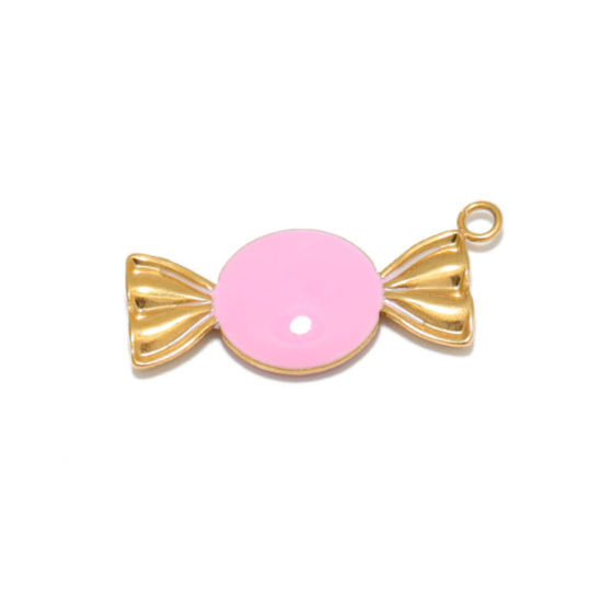 Image de Breloques en 304 Acier Inoxydable Bonbon Doré Rose Émail 25mm x 12mm , 2 Pcs