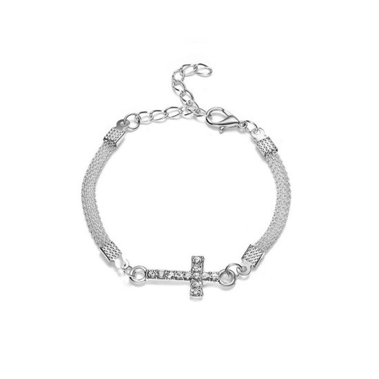 Picture of Brass Exquisite Bracelets Silver Plated Cross Clear Cubic Zirconia 18cm(7 1/8") long, 1 Piece                                                                                                                                                                 