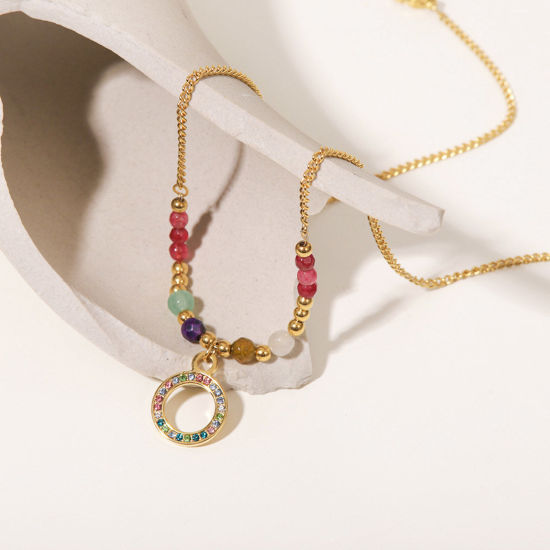Image de 1 Pièce Collier à Pendentif Chaîne Maille Cheval en 304 Acier Inoxydable Placage sous Vide Élégant Plaqué Or 18K Annulaire Gemme Imitation à Strass Coloré 40cm Long