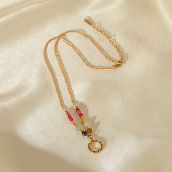 Image de 1 Pièce Collier à Pendentif Chaîne Maille Cheval en 304 Acier Inoxydable Placage sous Vide Élégant Plaqué Or 18K Annulaire Gemme Imitation à Strass Coloré 40cm Long