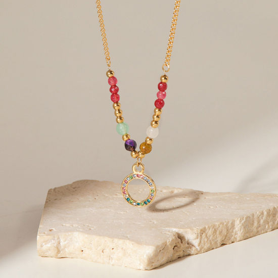 Image de 1 Pièce Collier à Pendentif Chaîne Maille Cheval en 304 Acier Inoxydable Placage sous Vide Élégant Plaqué Or 18K Annulaire Gemme Imitation à Strass Coloré 40cm Long