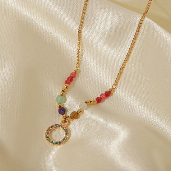 Image de 1 Pièce Collier à Pendentif Chaîne Maille Cheval en 304 Acier Inoxydable Placage sous Vide Élégant Plaqué Or 18K Annulaire Gemme Imitation à Strass Coloré 40cm Long