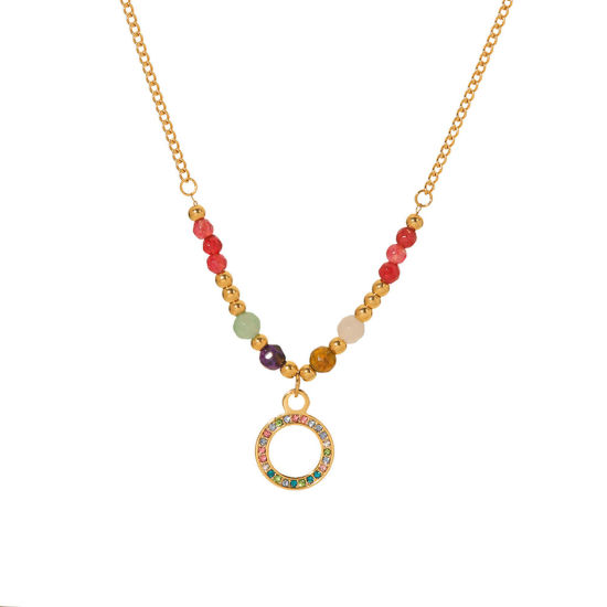 Image de 1 Pièce Collier à Pendentif Chaîne Maille Cheval en 304 Acier Inoxydable Placage sous Vide Élégant Plaqué Or 18K Annulaire Gemme Imitation à Strass Coloré 40cm Long