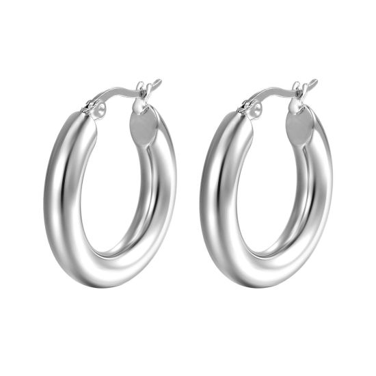 Picture of 304 Stainless Steel Stylish Hoop Earrings Silver Tone Round 30mm Dia., 1 Pair