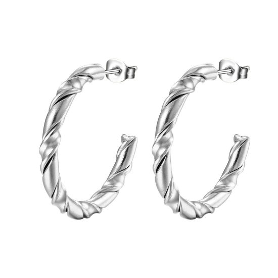 Picture of 304 Stainless Steel Stylish Hoop Earrings Silver Tone C Shape 25mm Dia., 1 Pair