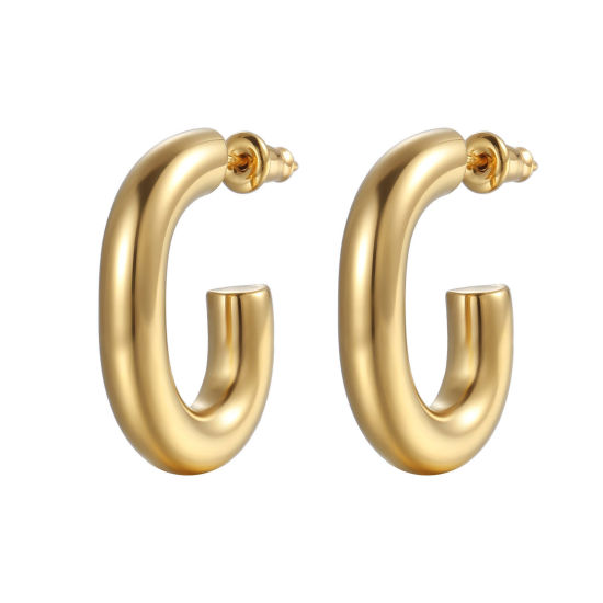 Picture of 304 Stainless Steel Stylish Hoop Earrings Gold Plated C Shape 25mm Dia., 1 Pair