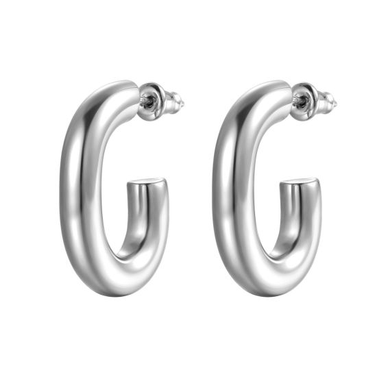 Picture of 304 Stainless Steel Stylish Hoop Earrings Silver Tone C Shape 25mm Dia., 1 Pair