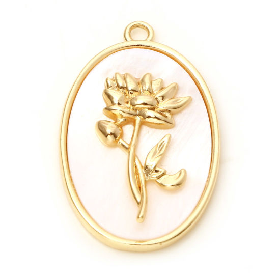 Picture of Natural Shell & Brass Birth Month Flower Charms Oval Real Gold Plated White Carnation Flower 27mm x 18mm, 1 Piece