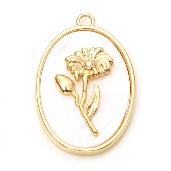Picture of Natural Shell & Brass Birth Month Flower Charms Oval Real Gold Plated White Daisy Flower 27mm x 18mm, 1 Piece