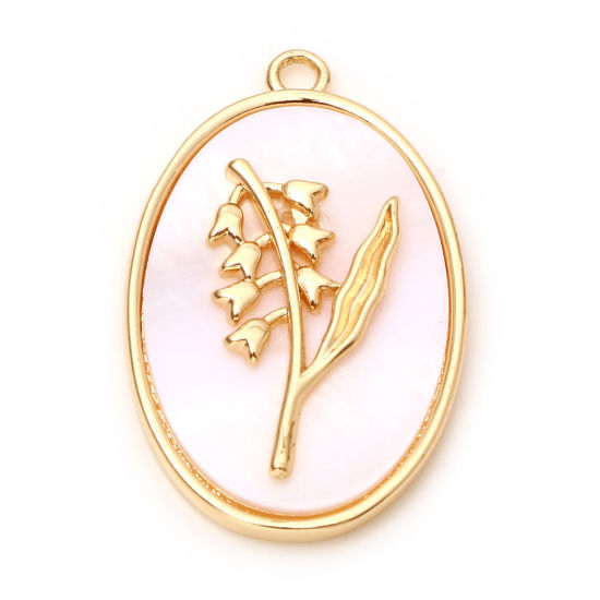 Picture of Natural Shell & Brass Birth Month Flower Charms Oval Real Gold Plated White Lily of the Valley Flower 27mm x 18mm, 1 Piece