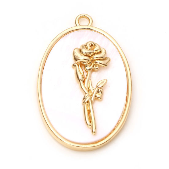 Picture of Natural Shell & Brass Birth Month Flower Charms Oval Real Gold Plated White Rose Flower 27mm x 18mm, 1 Piece