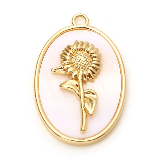 Picture of Natural Shell & Brass Birth Month Flower Charms Oval Real Gold Plated White Poppy Flower 27mm x 18mm, 1 Piece