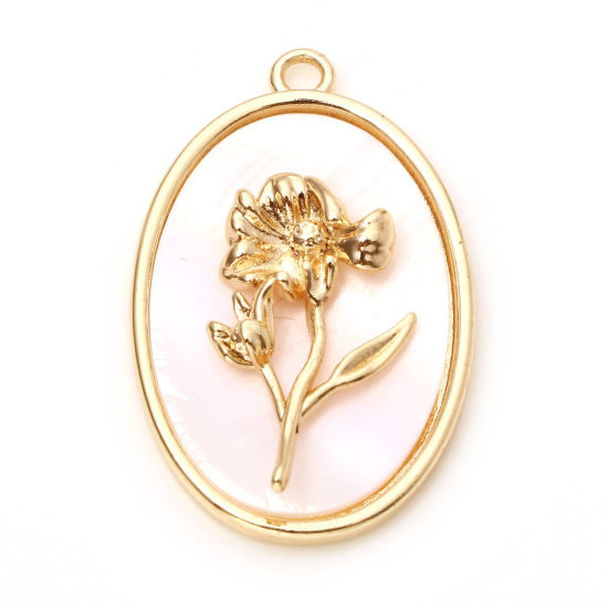 Picture of Natural Shell & Brass Birth Month Flower Charms Oval Real Gold Plated White Marigold Flower 27mm x 18mm, 1 Piece