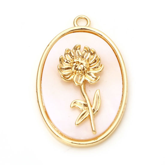 Picture of Natural Shell & Brass Birth Month Flower Charms Oval Real Gold Plated White Chrysanthemum Flower 27mm x 18mm, 1 Piece