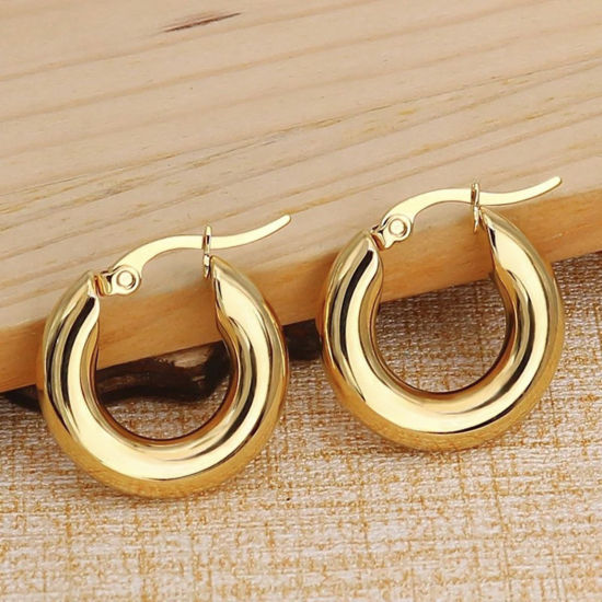 Picture of 304 Stainless Steel Stylish Hoop Earrings Gold Plated Round 20mm Dia., 1 Pair