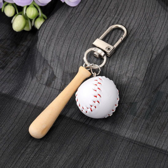 Picture of Resin Sport Keychain & Keyring Silver Tone White Baseball Bat Baseball 7cm x 2cm, 1 Piece