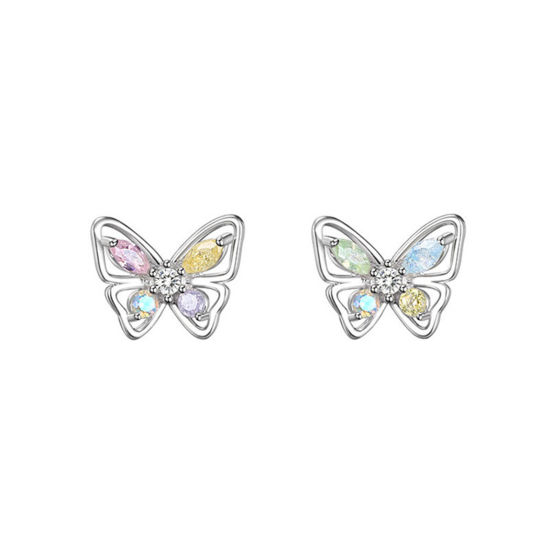 Picture of Brass Insect Ear Post Stud Earrings Silver Tone Butterfly Animal Multicolor Rhinestone 1cm x 1cm, 1 Pair                                                                                                                                                      