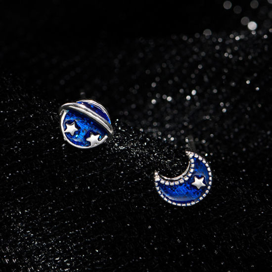 Picture of Brass Galaxy Asymmetric Earrings Silver Tone Blue Half Moon Universe Planet Enamel 1cm x 1cm, 1 Pair                                                                                                                                                          