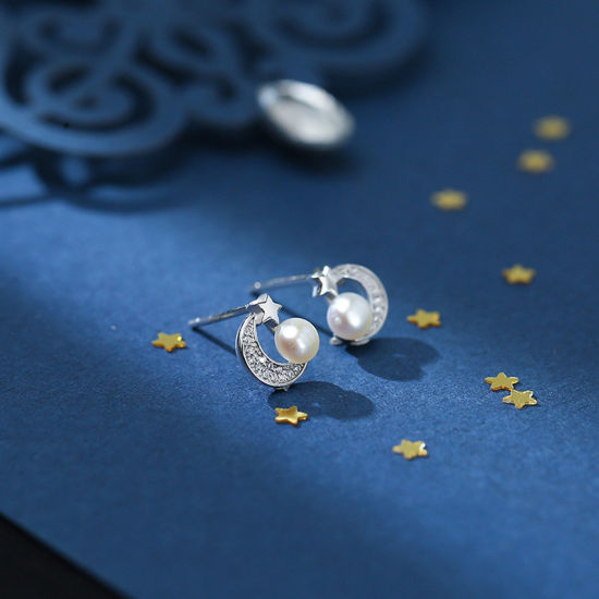 Picture of Brass Galaxy Ear Post Stud Earrings Platinum Plated Half Moon Pentagram Star Clear Rhinestone Imitation Pearl 1cm x 1cm, 1 Pair                                                                                                                               