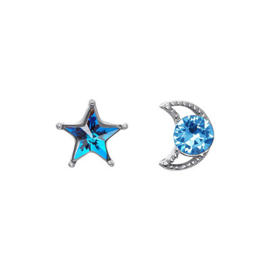 Picture of Brass Galaxy Asymmetric Earrings Platinum Plated Pentagram Star Moon Blue Rhinestone 7mm x 7mm, 1 Pair                                                                                                                                                        