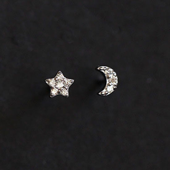 Picture of Brass Galaxy Asymmetric Earrings Silver Tone Pentagram Star Moon Clear Rhinestone 5mm x 5mm, 1 Pair                                                                                                                                                           