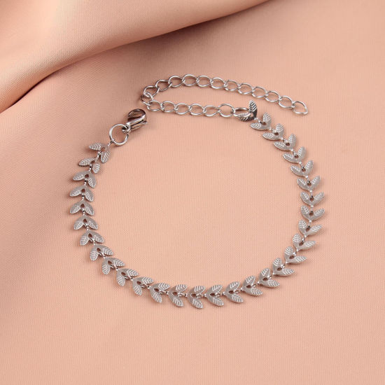 Picture of 304 Stainless Steel Stylish Bracelets Silver Tone Leaf 16cm(6 2/8") long, 1 Piece