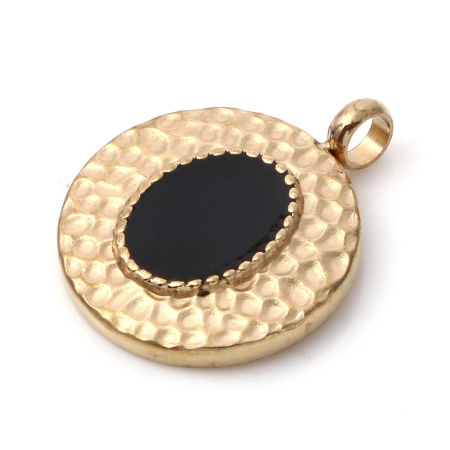 Picture of 1 Piece Eco-friendly PVD Vacuum Plating 304 Stainless Steel Hammered Charms Gold Plated Black Round Disc Enamel 19mm x 15mm