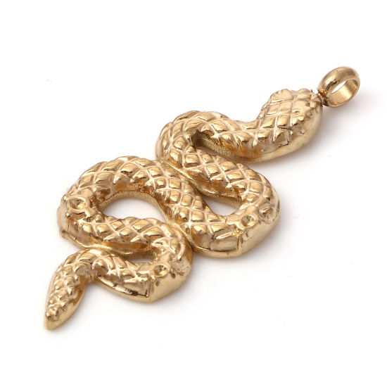 Picture of 1 Piece Vacuum Plating 304 Stainless Steel Charms Gold Plated Snake Animal 3.5cm x 1.5cm
