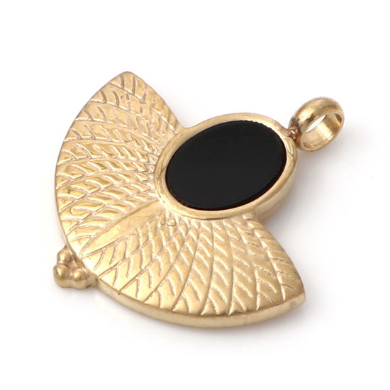 Picture of 1 Piece Vacuum Plating 304 Stainless Steel & Shell Charms Gold Plated Black Fan-shaped 21mm x 20mm