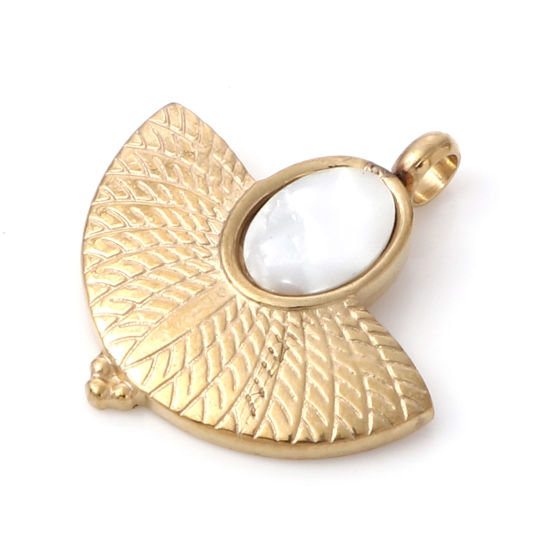 Picture of 1 Piece Vacuum Plating 304 Stainless Steel & Shell Charms Gold Plated White Fan-shaped 21mm x 20mm