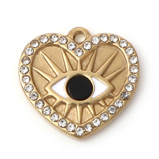 Picture of 1 Piece Vacuum Plating 304 Stainless Steel & Shell Religious Charms Gold Plated Black & White Heart Eye of Providence/ All-seeing Eye Enamel 15.5mm x 15mm