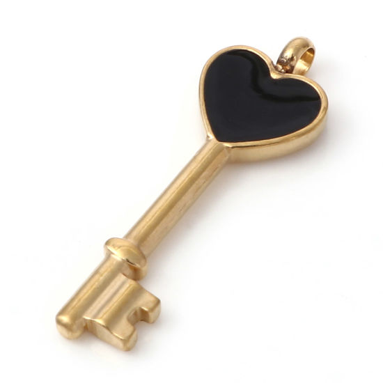 Picture of 1 Piece Vacuum Plating 304 Stainless Steel Pendants Gold Plated Black Key Enamel 3.1cm x 1.1cm